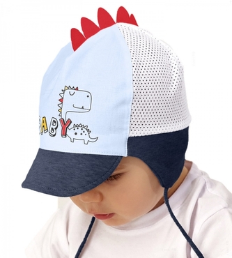 Letní čepička s kšiltem na zavazování Baby Nellys, Dino Baby, jeans, vel. 62/68