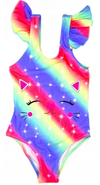 Dívčí jednodílné plavky s volánky - Noviti, Kočička, duhové, vel. 128/134