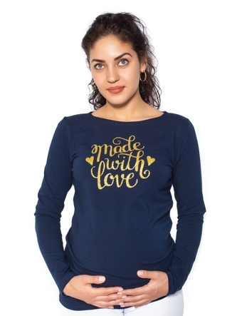 Be MaaMaa Těhotenské triko dlouhý rukáv Made with Love - tm. modrá - XL; XL (42) Be MaaMaa Těhotenské triko dlouhý rukáv Made with Love - tm. modrá - XL; XL (42)