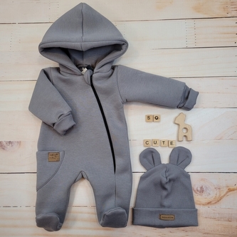 Oteplený dětský overal se šlapkama a kapucí + čepička, 2D, Kazum, šedý, vel. 68; 68 (3-6m)