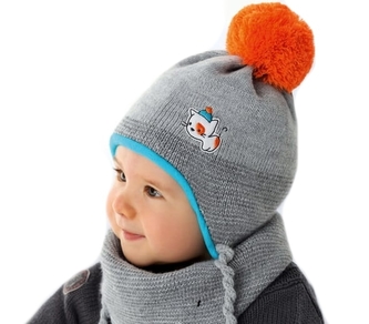 Dvouvrstvá pletená čepice s bambulí na zavazování + šátek Kočička, šedá, 40-42cm; 68/74 (6-9m)