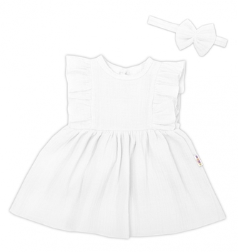 Baby Nellys 2-dílná sada mušelínové šatičky + čelenka, bílé vel. 86; 86 (12-18m)