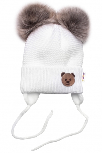 Dětská zimní čepice s fleecem Teddy Bear - chlupáčk. bambulky - bílá, šedá, BABY NELLYS; 56-68 (0-6 m)