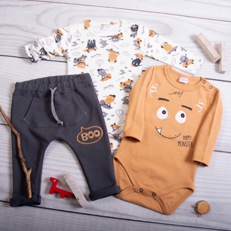 K-Baby 3-dílná sada, 2x body dlouhý rukáv, tepláčky - Happy Monster, hnědá/šedá; 62 (2-3m)