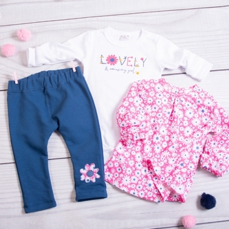 K-Baby 3-dílná sada, 1x body dl. rukáv, tunika, legíny - Lovely girl, růžová, bílá, granát; 62 (2-3m)