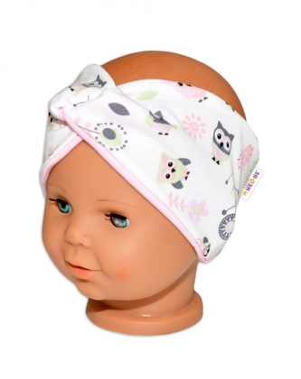 Baby Nellys Hand Made Jarní, bavlněná čelenka - dvouvrstvá, sovičky - sv. růžová, 104/116