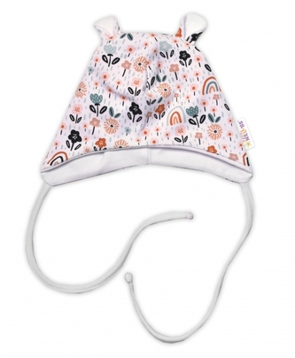 Baby Nellys Kojenecká čepička s oušky na zavazování - Palouček, bílá; 56/62 (0-3m)