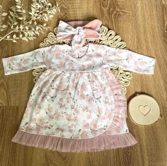 Šaty s tylovým lemem dl. rukáv, Květy višní, Mamatti, smetanovo/pudrové, vel. 92; 92 (18-24m)