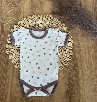 Dětské body, kr. rukáv Mamatti, zap. u krku, Puntík - smetana/hnědý lem, vel. 86; 86 (12-18m)