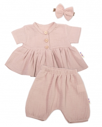 Baby Nellys 3-dílná mušelínová soupr., tunika/halenka, kraťasky, čelenka, béžová, vel. 74; 74 (6-9m)
