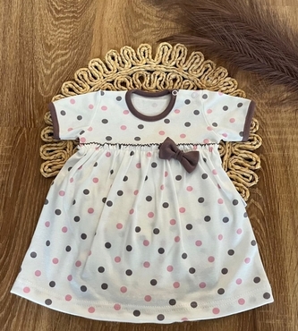 Bavlněné šaty s mašličkou, kr. rukáv, Puntík, Mamatti, smetanové s potiskem, vel. 86; 86 (12-18m)