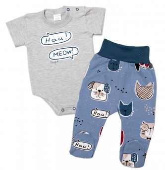 Body kr. rukáv zap. u krku +polodupačky Pejsek a Kočička Mrofi, šedá/modrá, vel. 74; 74 (6-9m)