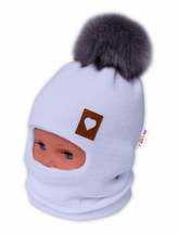 BABY NELLYS Zimní čepice/kukla s bambulí Love, sv. modrá; 80-92 (12-24m)