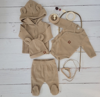 Sada do porodnice 4D, žebrovaná, body, polodupačky, kabátek a čepička, béžová, vel.56; 56 (1-2m)