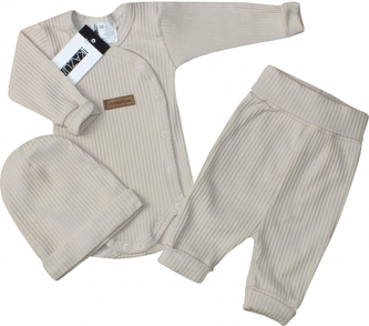 Žebrované zavinovací body, tepláčky a čepička Kazum 3D bavlněná sada, ecru; 56 (1-2m)