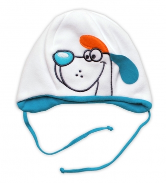 Dvouvrstvá fleecová čepice na zavazování Pejsek, bílá, roz. 44; 80/86 (12-18m)