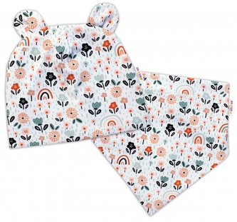 Baby Nellys Dvouvrstvá čepice s oušky + šátek Palouček, smetanová; 62-74 (3-9m)