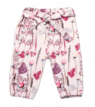Baby Nellys Tepláčky s ozdobným páskem Motýlci - růžová, vel. 80; 80 (9-12m)