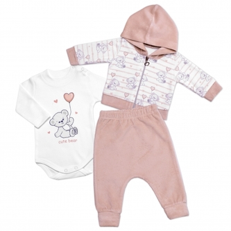 Velurová souprava, Cute Bear 3D, bavlna, smetanová/pudrová; 56 (1-2m)