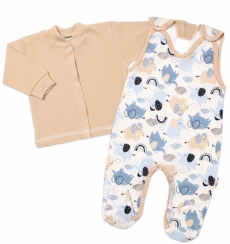 Baby Nellys 2-dílná sada, bavlněné dupačky s košilkou Sloníci, béžová/modrá, vel. 68; 68 (3-6m)