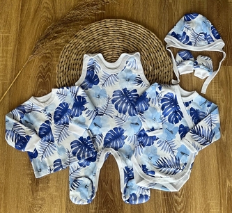 Soupravička do porodnice pro miminko Mamatti, Listy modré, vel. 62; 62 (2-3m)