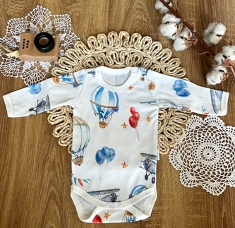 Kojenecké body, dl. rukáv Mamatti, zap. u krku, Balón - bílé