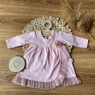 Šaty s tylovým lemem dl. rukáv, Srdce, Mamatti, růžové, vel. 74; 74 (6-9m)