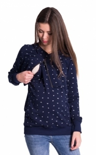 Be MaaMaa Těhotenská a kojící mikina se zipem a kapucí, srdíčka - granát, vel. M