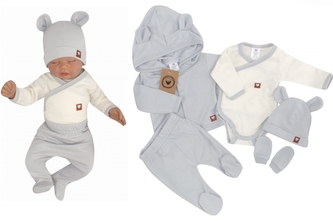Sada do porodnice 5D, body, polodupačky, kabátek, čepička, rukavičky - šedá, vel. 56; 56 (1-2m)