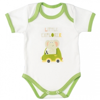 MBaby Bavlněné body s krátkým rukávem, Slůně Little Explorer, bílo/zelené, vel. 62; 62 (2-3m)