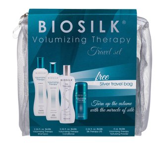 Farouk Systems Biosilk Volumizing Therapy šampon 67 ml + kondicionér 67 ml + sérum na vlasy Biosilk Silk Therapy Lite 67 ml + pudr do vlasů 15 g + kosmetická taška