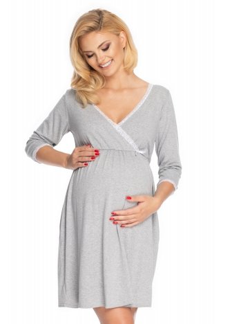 Be MaaMaa Těhotenská, kojící noční košile s krajkou, 3/4 rukáv - šedá