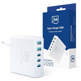 3mk cestovní nabíječka Hyper Charger 140W, GaN 3x USB-C (PD) / 2x USB, bílá