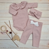 Žebrované body s límečkem, legíny a čelenka, 3D, bavlna, pudrová, vel. 62; 62 (2-3m)