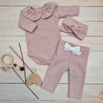 Žebrované body s límečkem, legíny a čelenka, 3D, bavlna, pudrová; 56 (1-2m)