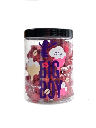 BigBoy - Flamingo popcorn 200g popcorn v bílé čokoládě s malinovým prachem