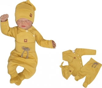 Z&Z 3-dílná soupravička body, polodupačky s provázkem a čepička - hořčicová; 50 (0-1m)