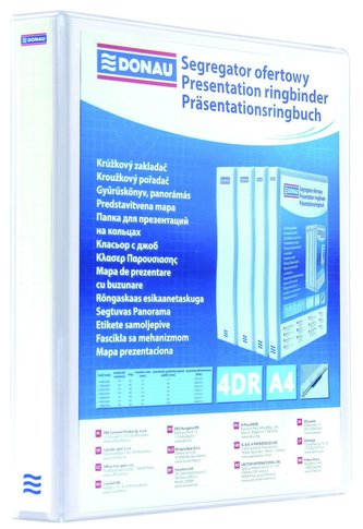 Kroužkový pořadač, s průhlednými kapsami, bílá, 4 D kroužky, 100 mm, A4, PP, DONAU