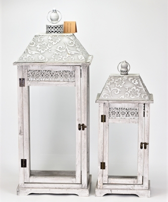 Dřevěná lucerna šedá s patinou, sada 2 ks