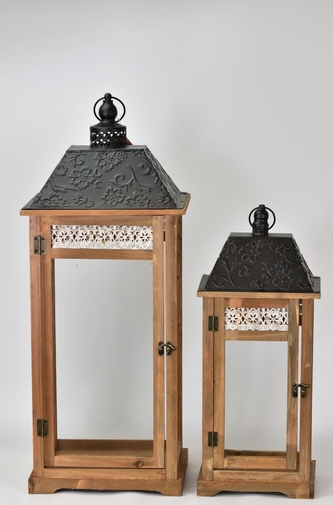 Dřevěná lucerna hnědá s patinou, sada 2 ks