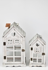 Dřevěná lucerna domek se srdíčkem, šedá s patinou, sada 2 ks