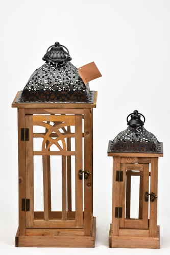 Dřevěná lucerna hnědá s patinou, sada 2 ks