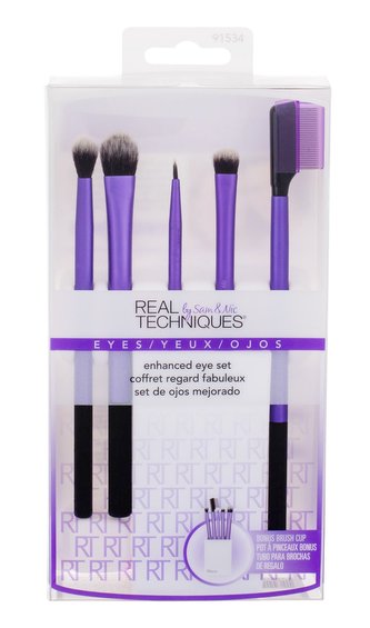 Real Techniques Brushes štětec na oční stíny 1 ks + štětec pro stínování 1 ks + štětec pro kouřové líčení 1 ks + štětec na oční linky 1 ks + kartáček na řasy 1 ks + stojánek