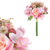 Hortenzie a růže v pugetu, tmavě růžová barva.