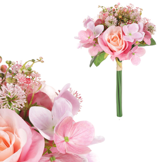 Hortenzie a růže v pugetu, tmavě růžová barva.