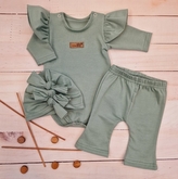 Body s volánky, legíny do zvonu a čepička, 3D, bavlna, olivová; 56 (1-2m)