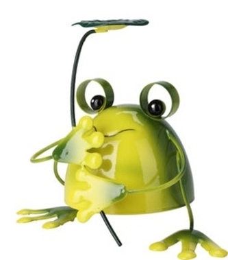 Kovová žába s listem 14x16x9,5 cm