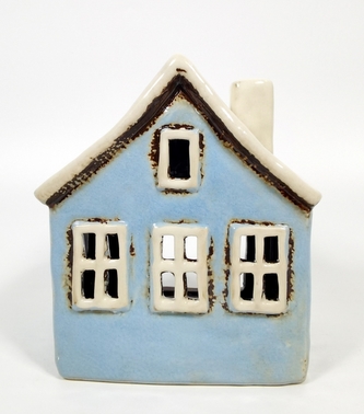 Keramický domek na čajovou svíčku, světle modrý 13,5x11,5x9 cm