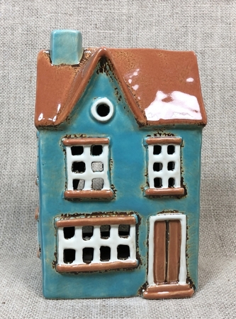 Keramický domek na čajovou svíčku, modrý 19x12,5x8 cm