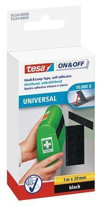 Suchý zips "On&Off 55224", černá, 20 mm x 1 m, samolepicí, univerzální, TESA